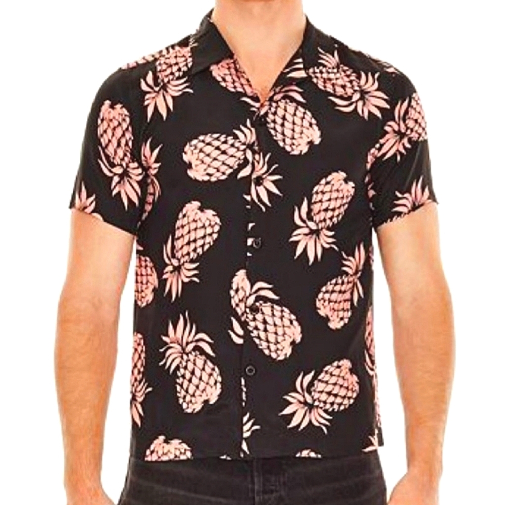 Sandro short sleeve button down mens size medium pineapple shirt NWOT black pink